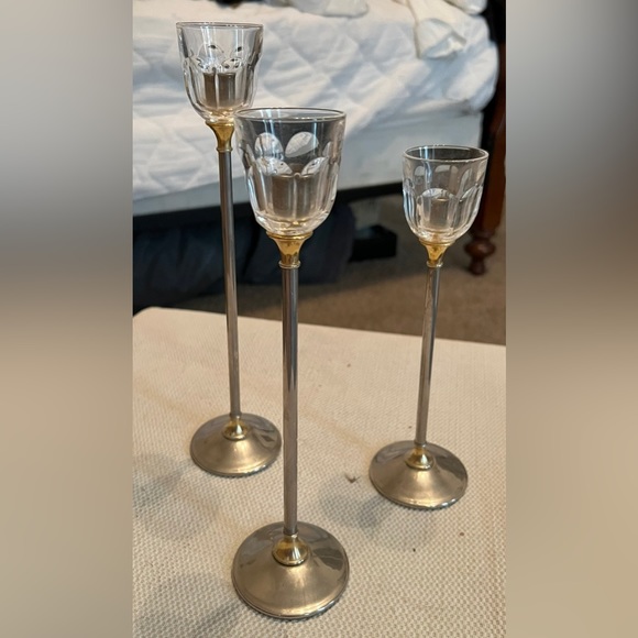 None Other - Candlestick Holder Vintage Silver Gold Glass Pedestal Home Decor Italy Set of 3